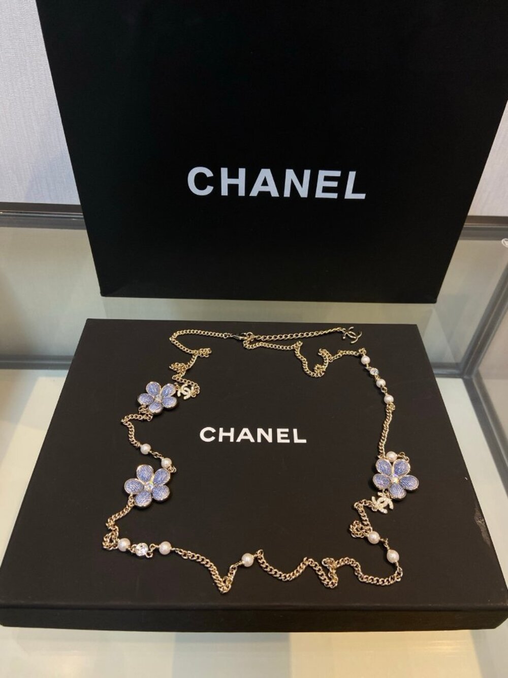 Chanel Gold-Tone Blue Enamel Flower Pearl Crystal Long Necklace